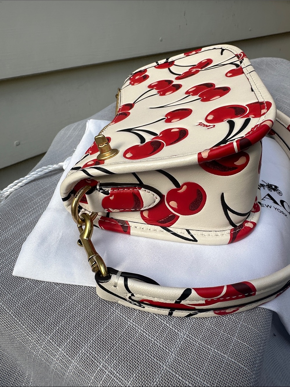 Coach Swinger 20 Shoulder Bag in Chalk Leather with Cherry Print - Picture 5 of 10